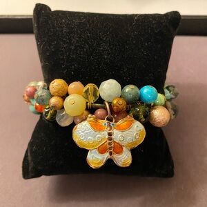 Multi-Color Beaded Bracelet with Enamel cloisonne Butterfly Charm